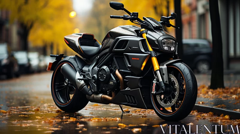 Marvel-Inspired Ducati Motorcycle in Rainy Cityscape AI Image