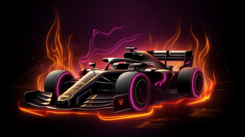 Neon Impressionistic Formula 1 Racing Car in Dark Gold & Violet Flames  - AI Generated Images AI Image