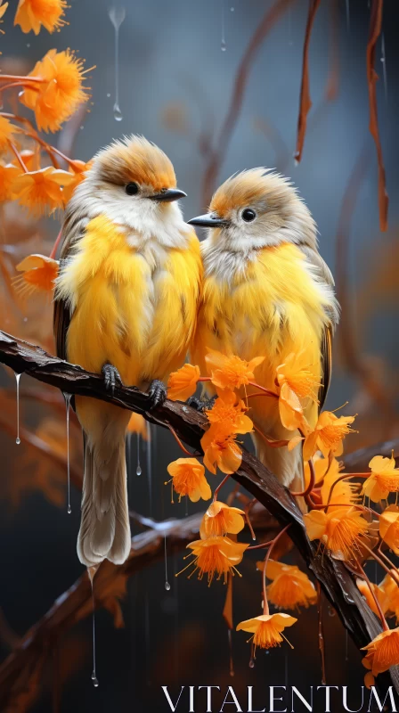 Vibrant Yellow Birds Perched on a Branch: Zbrush Style Artwork AI Image