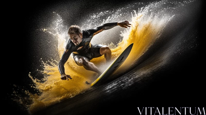 Action-packed Surfing Image Featuring Man on Yellow Surfboard Amidst Turbulent Sea, Dramatic Lightin AI Image