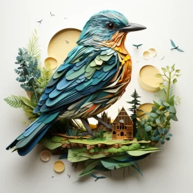 Charming 3D Paper Art: Bird on House amidst Mountain Forest AI Image