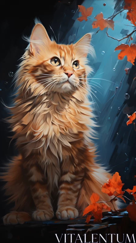 Detailed Orange Cat in Leafy Forest Digital Painting AI Image