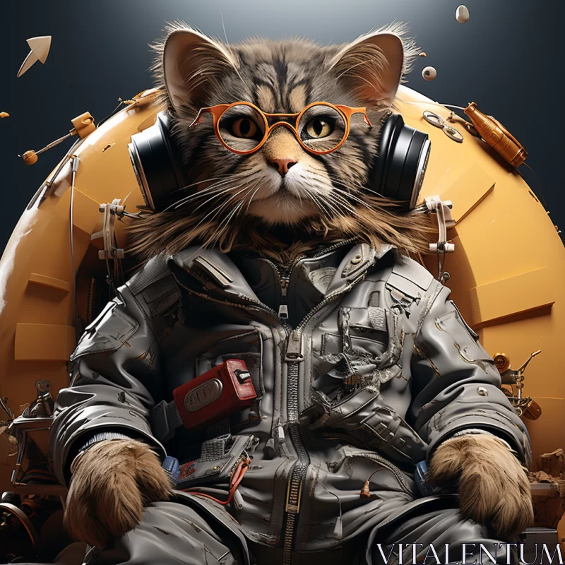 Space Cat on Golden Sphere: Industrial & Cosmic Contrast AI Image