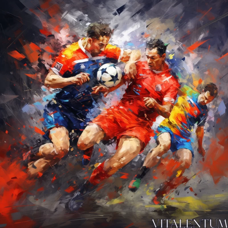 Vibrant Oil Painting of Intense Soccer Match in Bold Primary Colors with Dynamic Splash-Like Texture AI Image