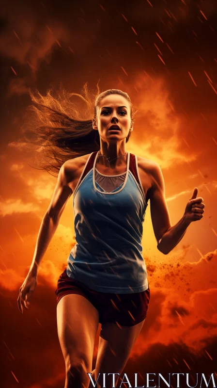 Apocalyptic Sunset Scene with Determined Female Runner AI Image