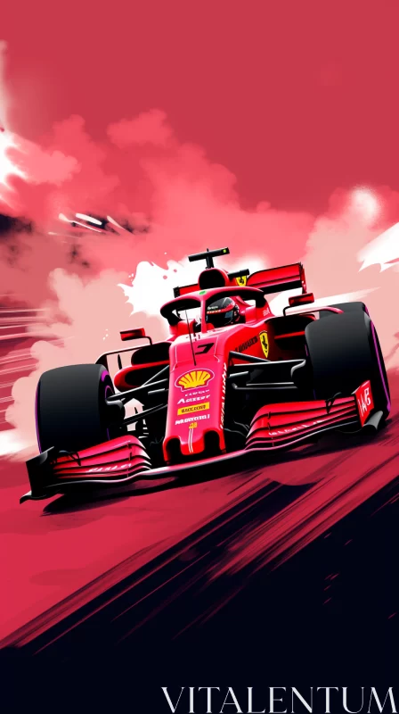 Neo-Pop Illustration of Red Ferrari Racing Car in Motion  - AI Generated Images AI Image