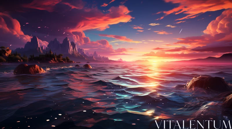 Sunrise Over Ocean with Crimson and Azure Sky AI Image