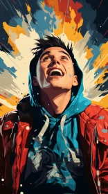 Vibrant and Energetic Hyper-Realistic Pop-Art Fusion Illustration of a Laughing Man in an Air Stream