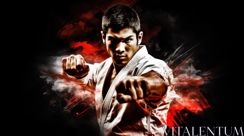Dynamic Karate Fighter Pose Against Stark Black Background AI Image