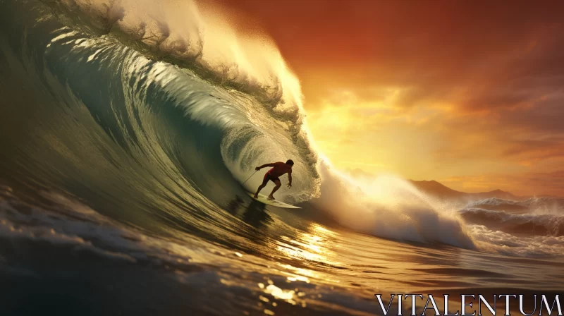 Exhilarating Depiction of Surfer Conquering Monstrous Wave at Sunset, Painted in Vibrant Colors, Cap AI Image