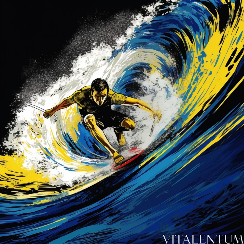 Exhilarating Illustration of Man Surfing a Colossal Wave, Dynamic Action Painting Style, Vivid Color AI Image