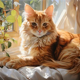 Intriguing Orange Cat on Windowsill in Warm Sunlight