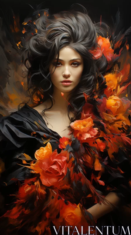 Mysterious Woman in Black Dress with Autumnal Bouquet Painting AI Image