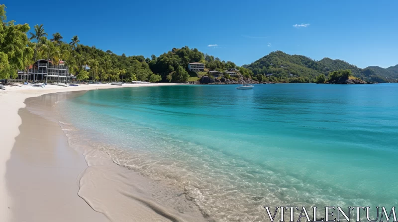 Secluded Beach with Aquamarine Waters & Lush Trees - Tropical Ambiance AI Image