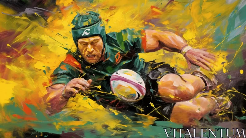 AI ART Vivid Oil Painting of Intense Rugby Match with Green and Gold Hues