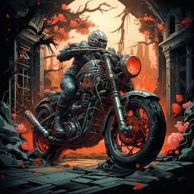 Apocalyptic Journey: Biker in Eerie Forest with Grand Ruins AI Image