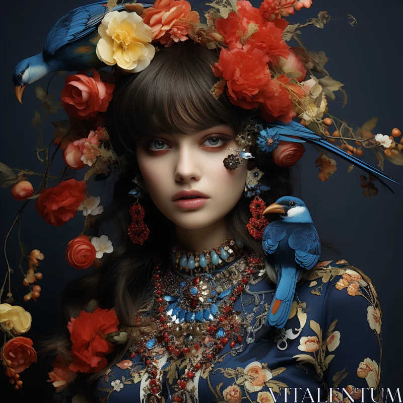 Chiaroscuro Portraiture of Woman with Floral Crowns and Bird Jewelry AI Image
