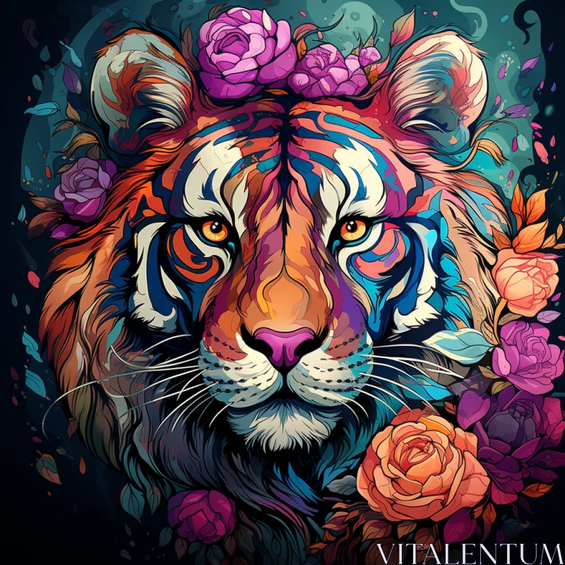Colorful Tiger and Floral Art - A Blend of Realism and Fantasy AI Image