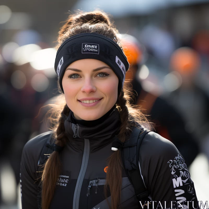 Energetic Woman Prepared for Skiing Adventure, Sparkling Eyes Reflect Excitement and Strength AI Image