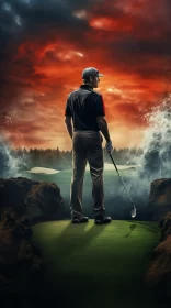 Twilight Golf Swing in Mysterious Volcanic Landscape AI Image