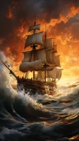 Epic Fantasy Ship Sailing in Majestic Ocean - Historical Illustration Style AI Image