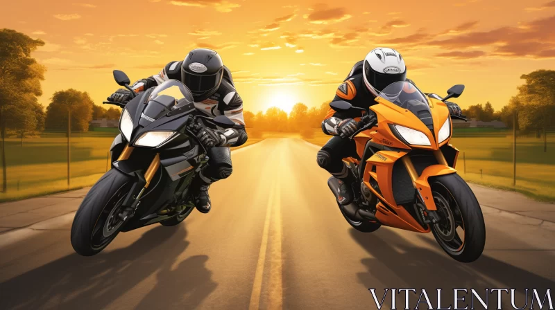 3D UHD 8K Image of Motorcycle Racers on Highway at Sunset AI Image