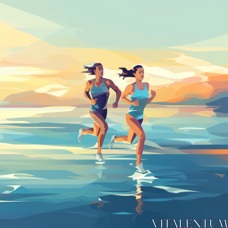 Colorful Seashore Jogging Cartoon at Sunset with Reflective Water AI Image