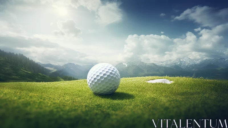 Golf Ball in Lush Green Grass with Mountain Backdrop AI Image