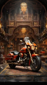Orange Harley Davidson Motorcycle in Gothic Revival Room AI Image