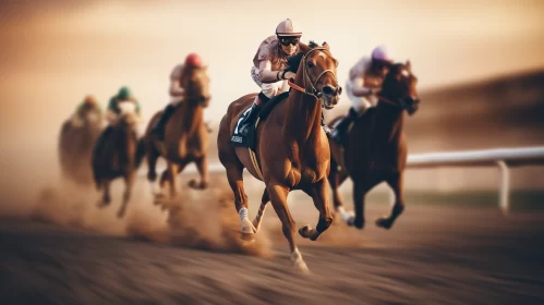 8K Sunset Horse Race Image with Detailed Texture and Intense Action AI Image