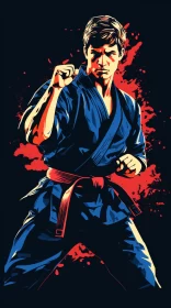 High-Resolution Vector Art of Japanese Karate Fighter in Blue and Red AI Image