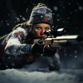 Intense Hunting Season Portrayal in Snowstorm - Female Sports Shooter in Focus AI Image