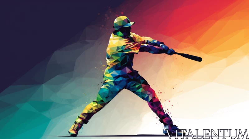 Low Poly Baseball Player Mid-Swing with Abstract Background AI Image