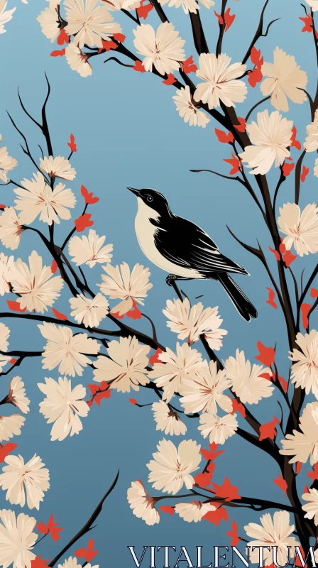 Magnificent Bird Perched on Delicate Cherry Blossom Tree - Stunning Artwork in Light Black and Light AI Image
