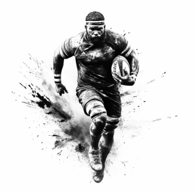 Monochrome Rugby Match Image: Dynamic Player Highlight, Textured Splashes Background AI Image