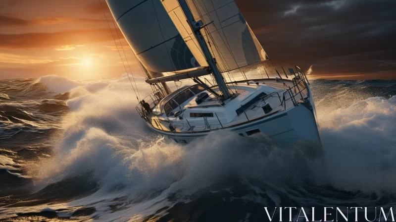 AI ART Realistic Sailboat Journey in Choppy Seas at Sunset with Cinematic Appeal