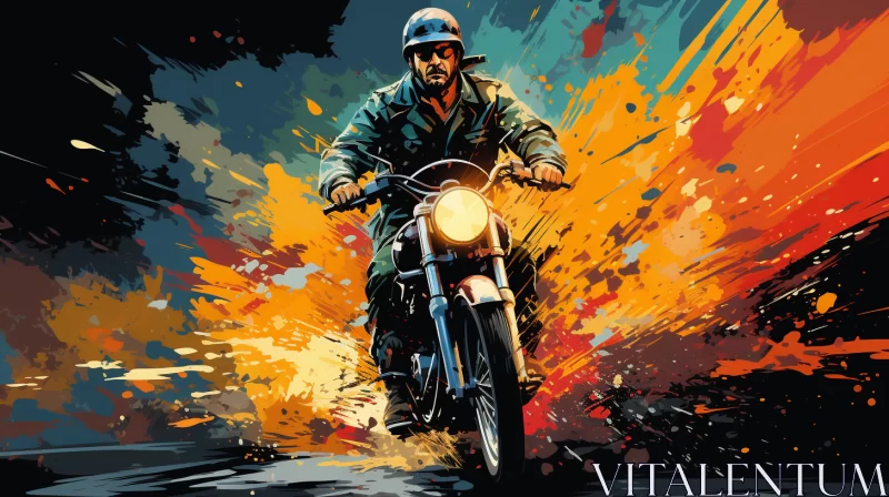 Retro-Themed Pop Art of Motorcycle Hero in Military Scene AI Image