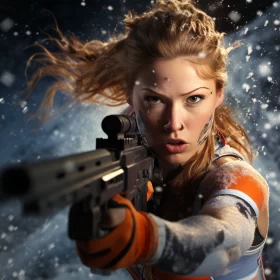 Futuristic Combat Scene: Woman Defending in Snow AI Image
