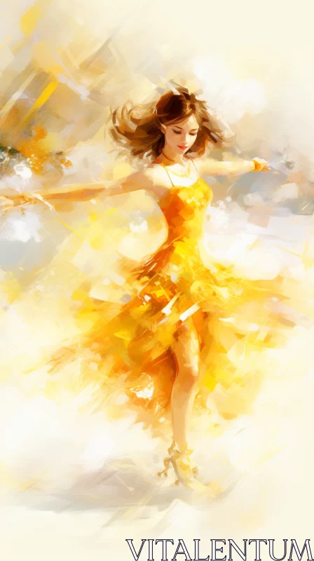 AI ART Graceful Dancer in Radiant Yellow Dress - Dynamic Brushwork Art