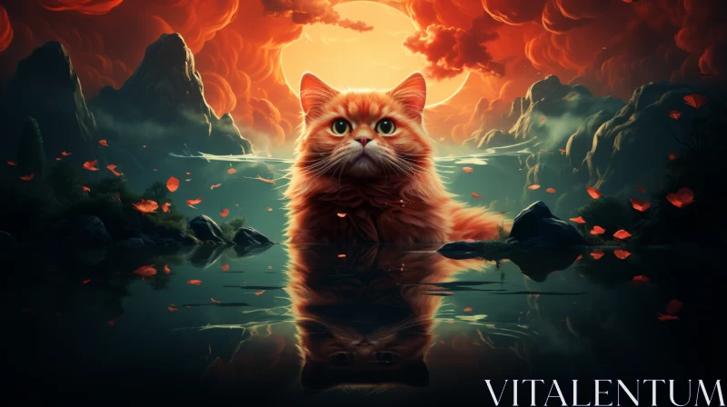 Orange Cat in Tranquil Pond Under Setting Sun AI Image