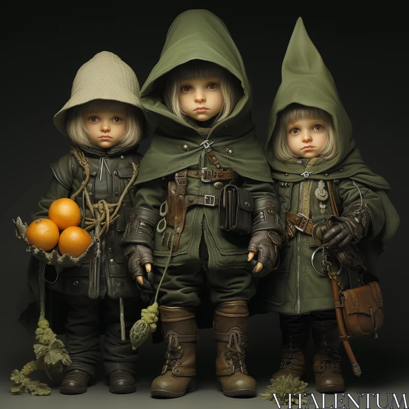 Photorealistic Medieval Fantasy - Children in Green Costumes AI Image