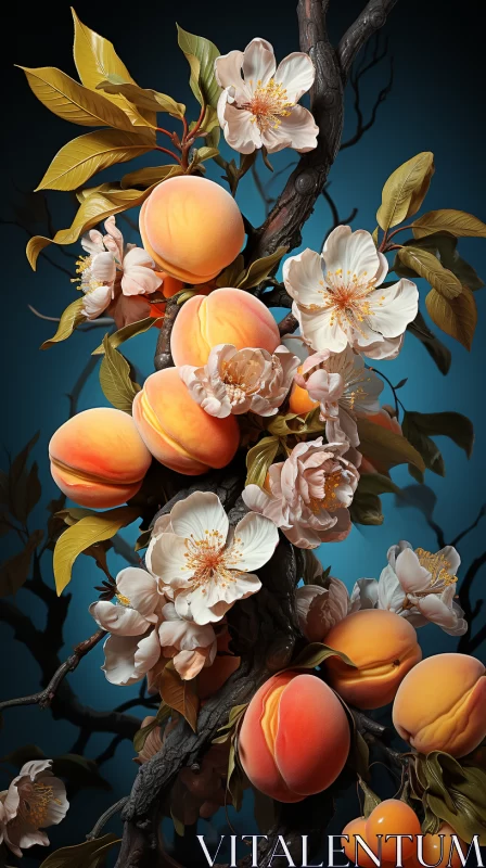 Surrealistic Floral Rococo Artwork: Peaches on a Branch AI Image