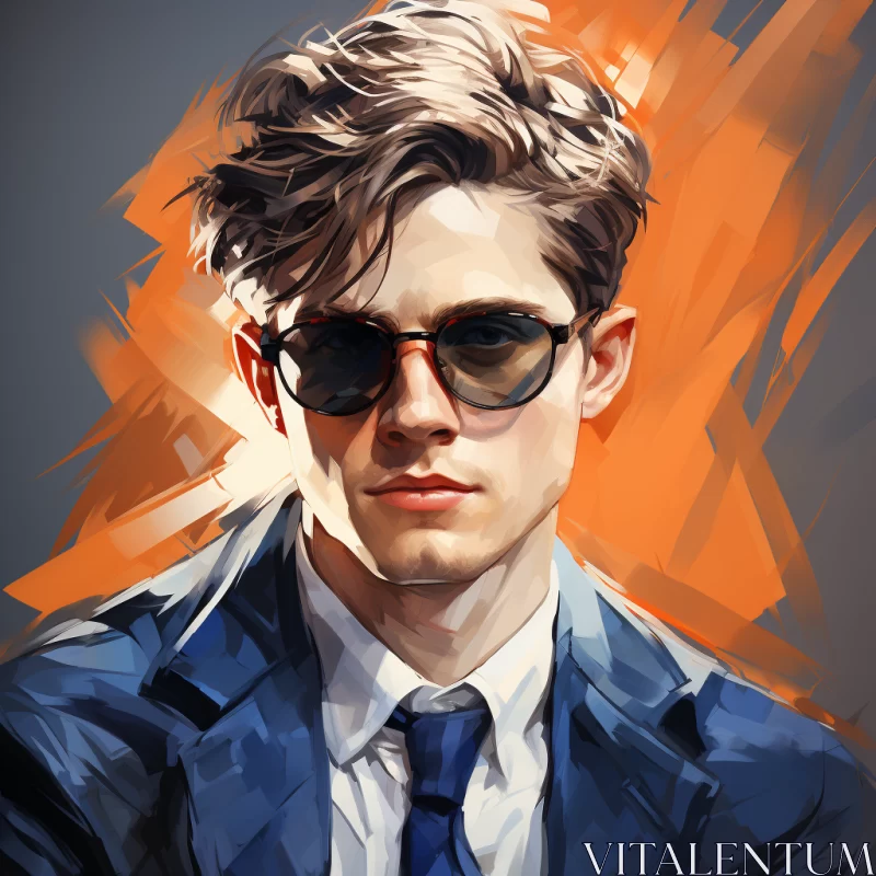 Dynamic and Energetic Speedpainting: Portrait of a Handsome Young Boy in a Stylish Suit and Sunglass AI Image