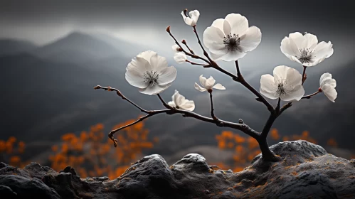 Floral Surrealism: A Tree Branch on a Rocky Mountain