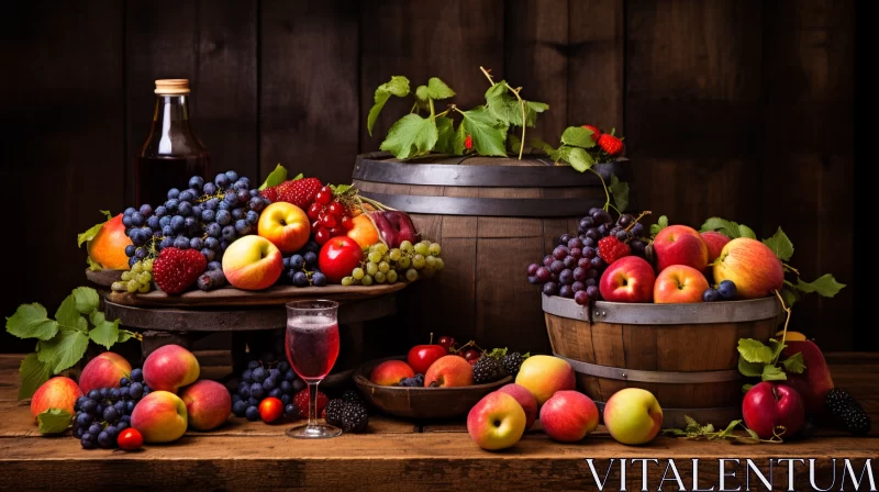 Fruit Arrangements on a Wooden Table in a Romanticized Country Setting AI Image
