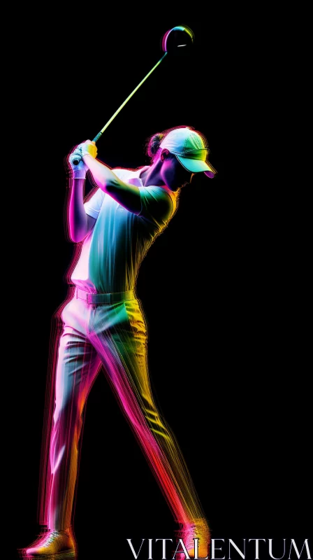 Impressionistic Neon Golfer Digital Art with High Contrast and Double Exposure AI Image
