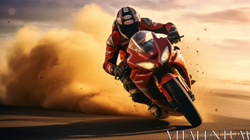 Daring Motorcycle Rider on Winding Road in Vray Tracing Style AI Image