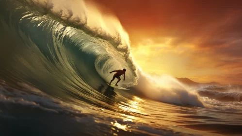 Exhilarating Depiction of Surfer Conquering Monstrous Wave at Sunset, Painted in Vibrant Colors, Cap AI Image