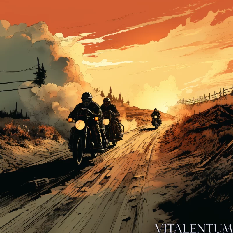 Gothic Graphic Novel Style Post-Apocalyptic Motorcycle Scene AI Image