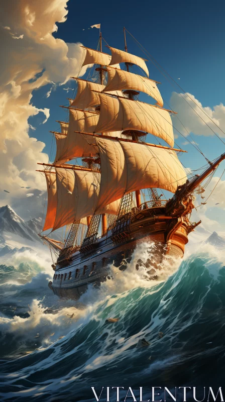 Grand Sailing Ship Battling Stormy Ocean Waves: A Classic Artistic Representation AI Image